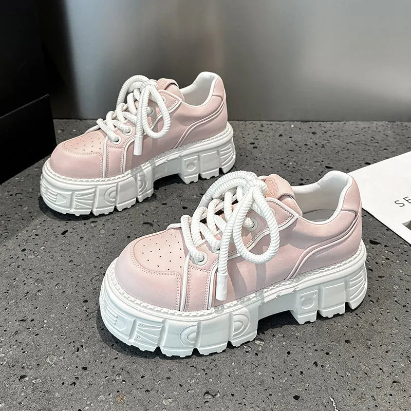 Spring casual leather shoes with muffin bottom design in beige and pink colours