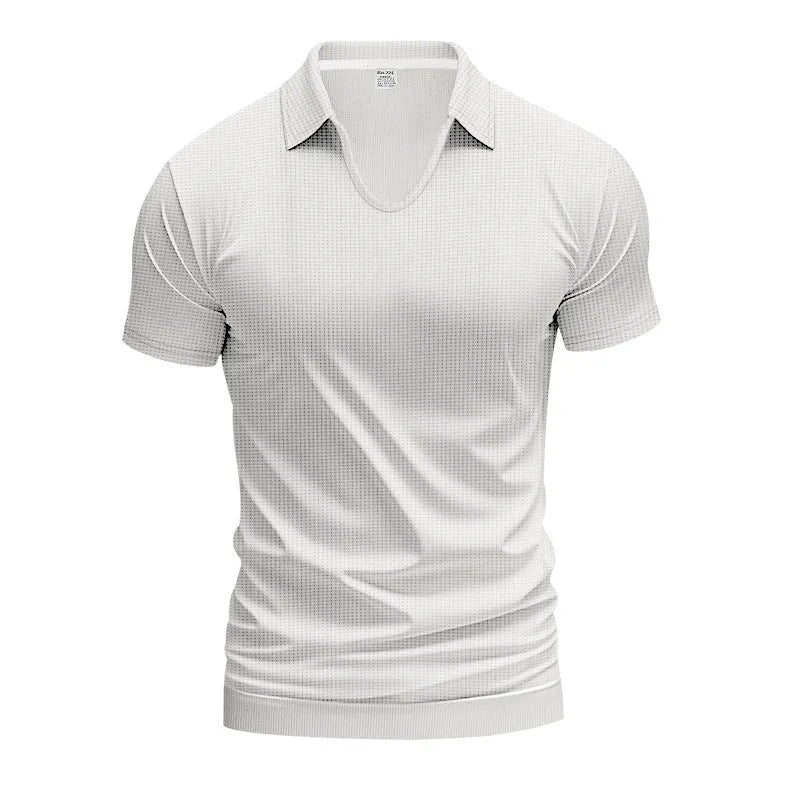 Men's loose fit V-neck t-shirt in cotton blend fabric showing short sleeves and solid colour design