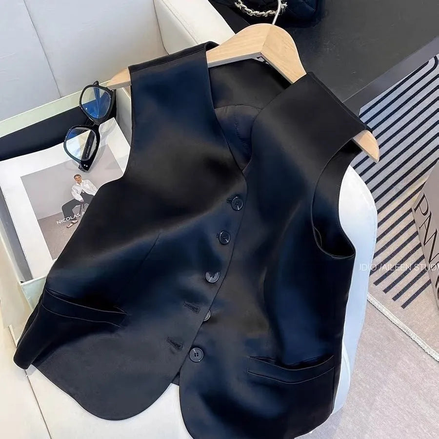 Black satin ladies sleeveless vest on a hanger, showing loose fit and splicing detail.