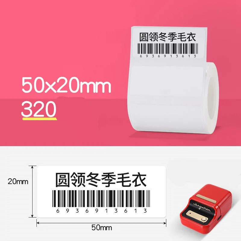 Thermal barcode paper labels with protective film on a roll, multiple size options from 30mm to 80mm, direct thermal printing.