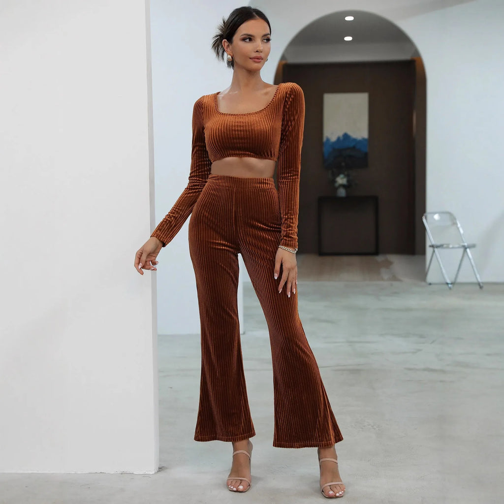 Caramel coloured long sleeve casual sweater set with matching trousers