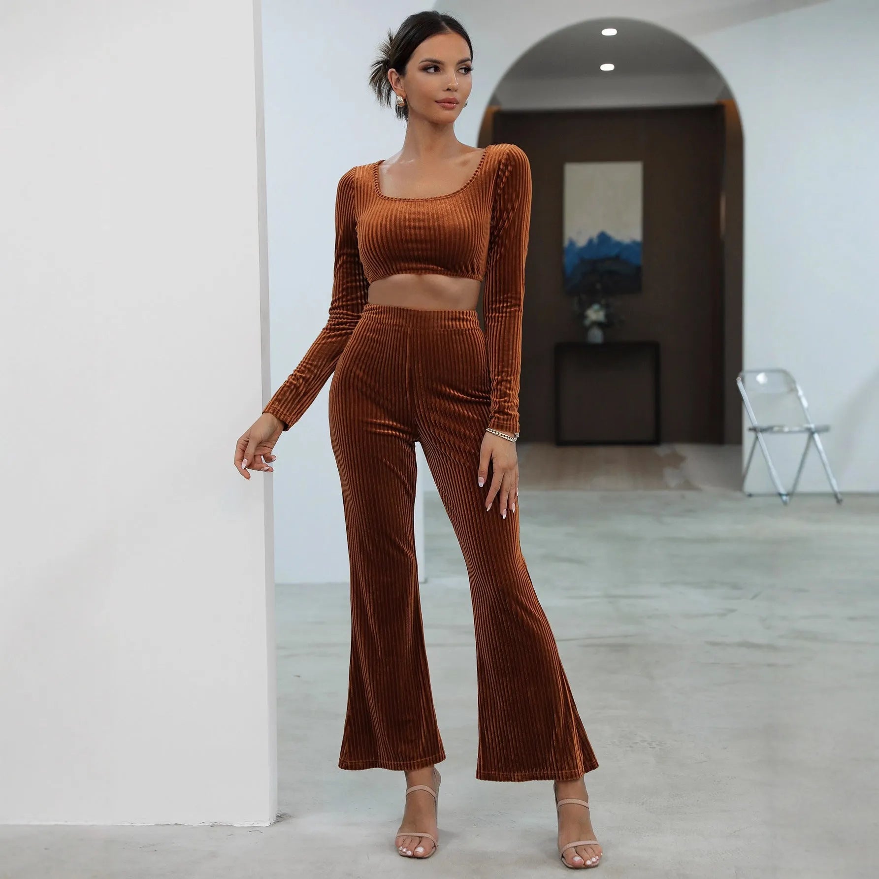 Caramel coloured long sleeve casual sweater set with matching trousers