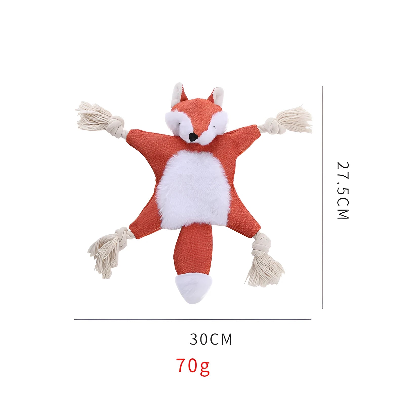 Brown fox plush dog toy with embroidered eyes, cotton rope arms and legs with knots