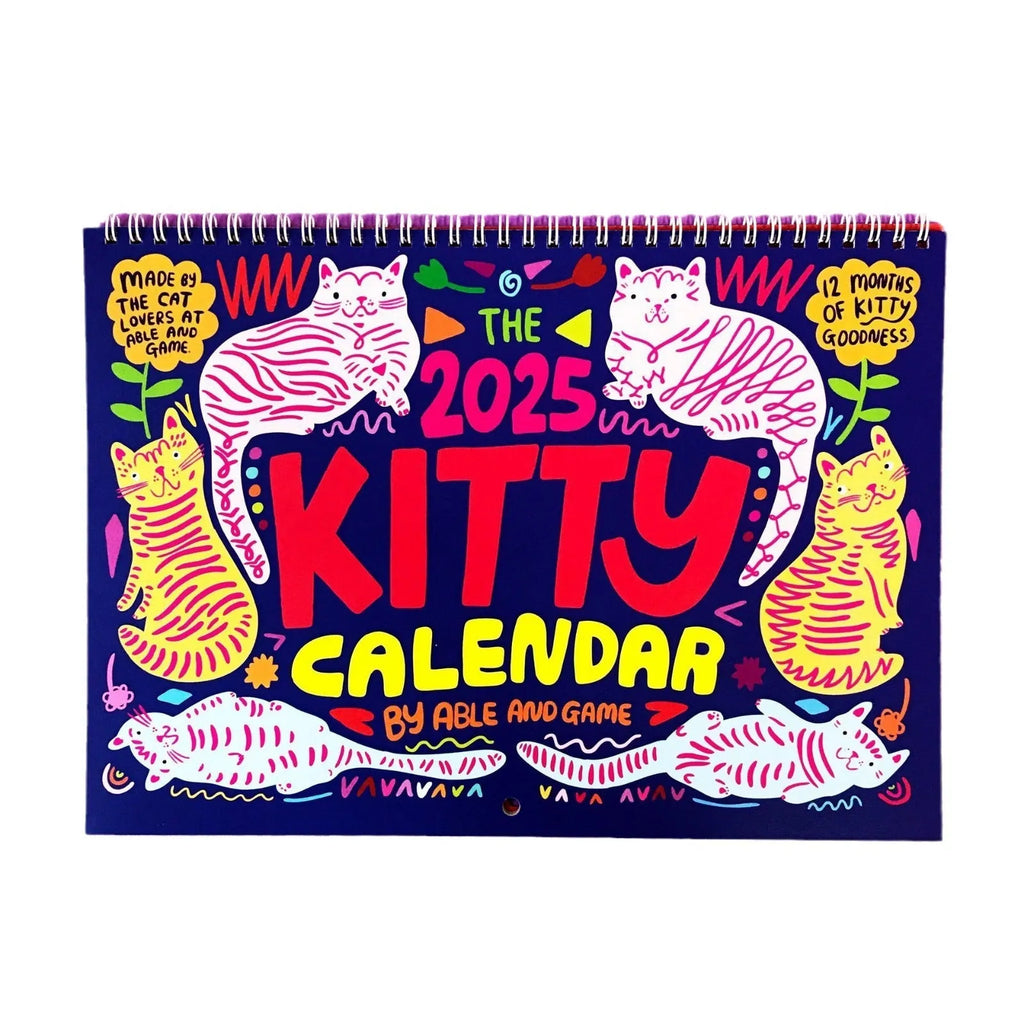 Cat calendar wall planner showing monthly grids with feline illustrations on A4 paper