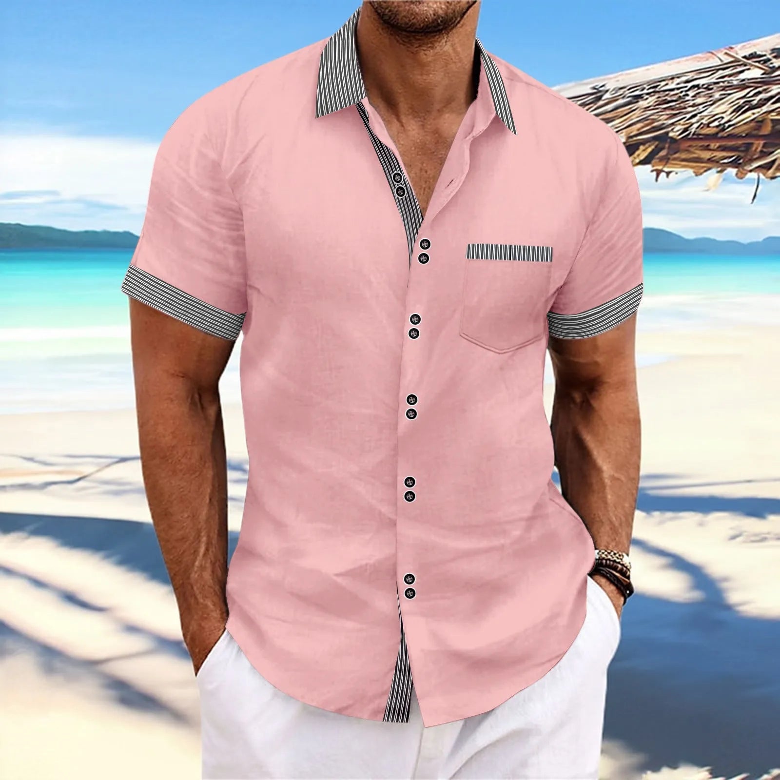 Men's pure cotton striped slim fit casual shirt with double-button short sleeves in light blue colour