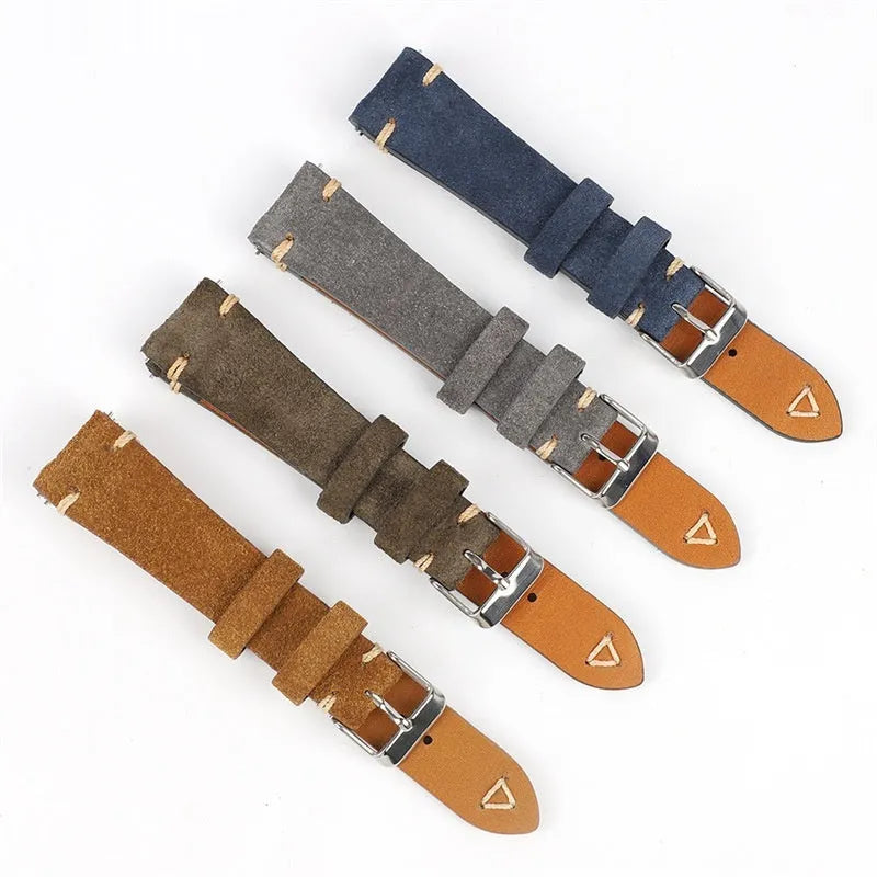 Genuine suede leather watch strap in brown, blue, grey, or Army Green