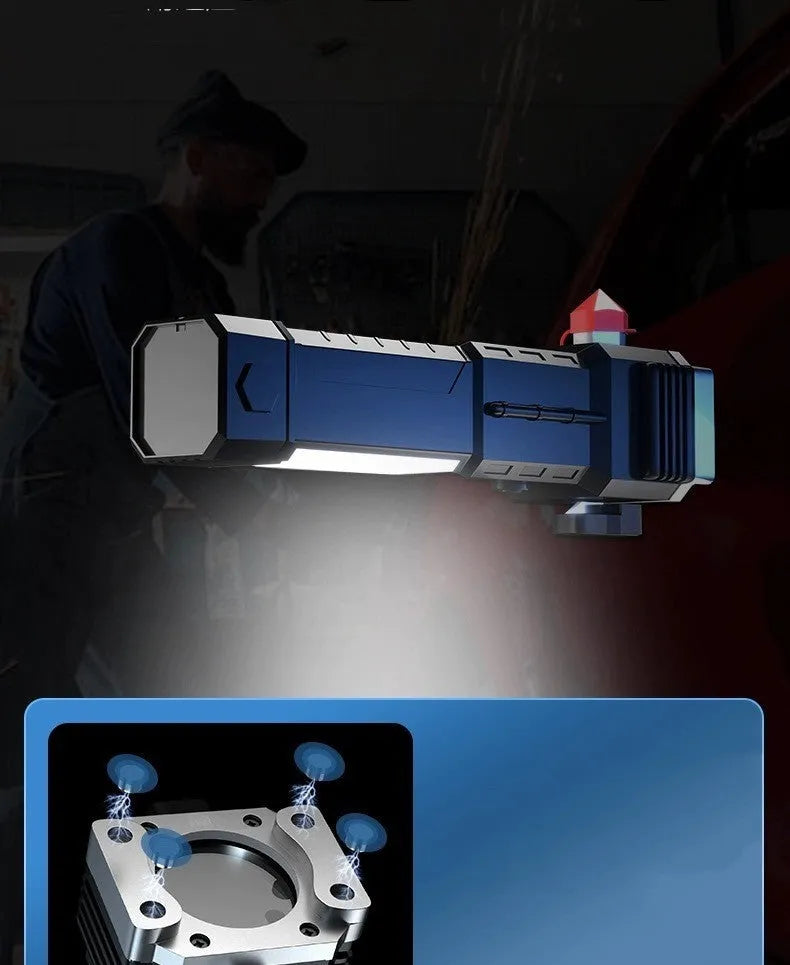 Silver portable LED flashlight with USB power bank function for outdoor and emergency use.