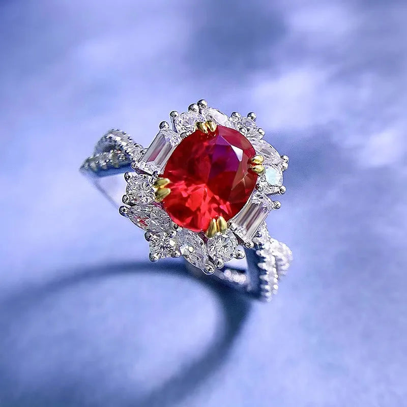 Silver oval pigeon egg surround setting ring for women, red electroplated, camellia detail, sizes No 5-9