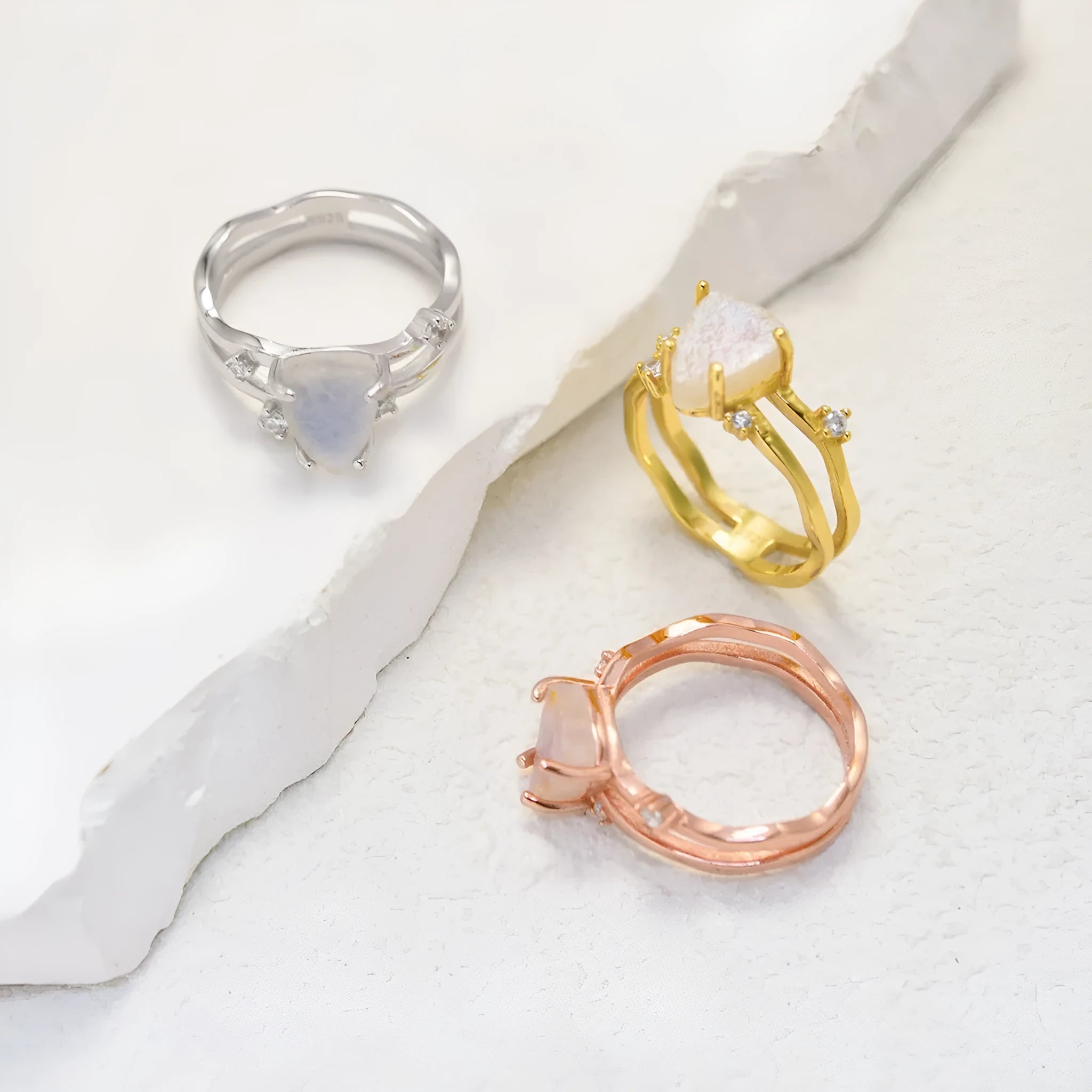 S925 sterling silver geometric triangle moonstone ring in rose gold, white gold, and yellow gold plating.