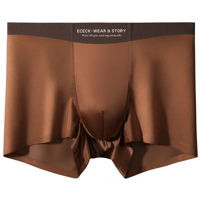 Men's solid colour ice silk seamless underwear laid flat, showing its knit construction.