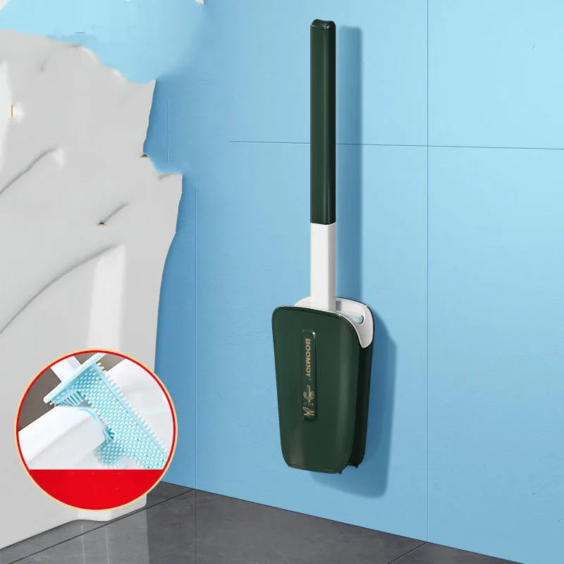 Toilet brush with TPR antibacterial head and wall-mounted bucket in blue, green, and white colours