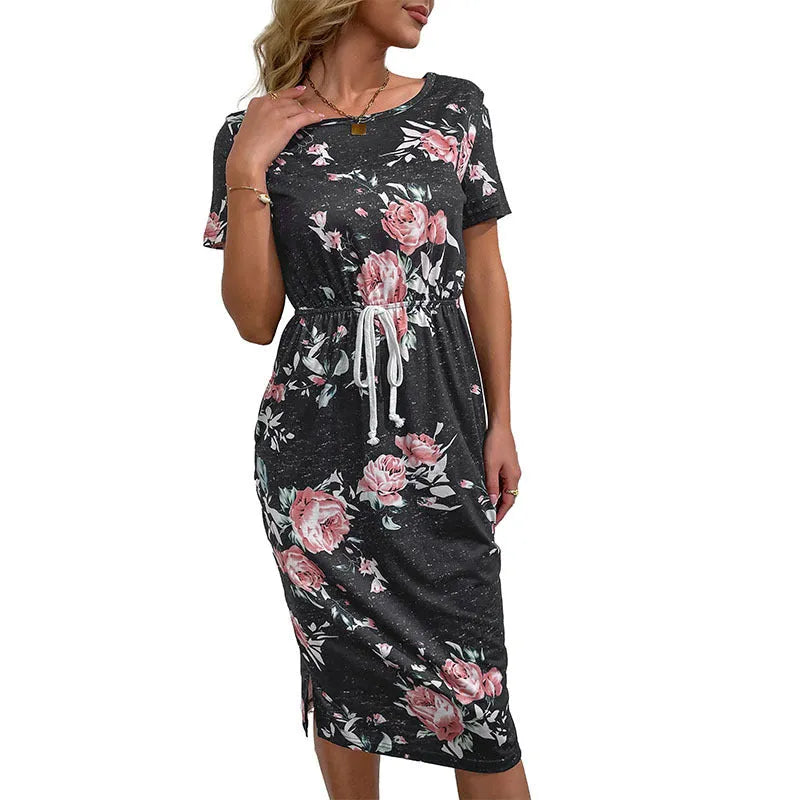 Casual women's black high-waist printed polyester dress, front view