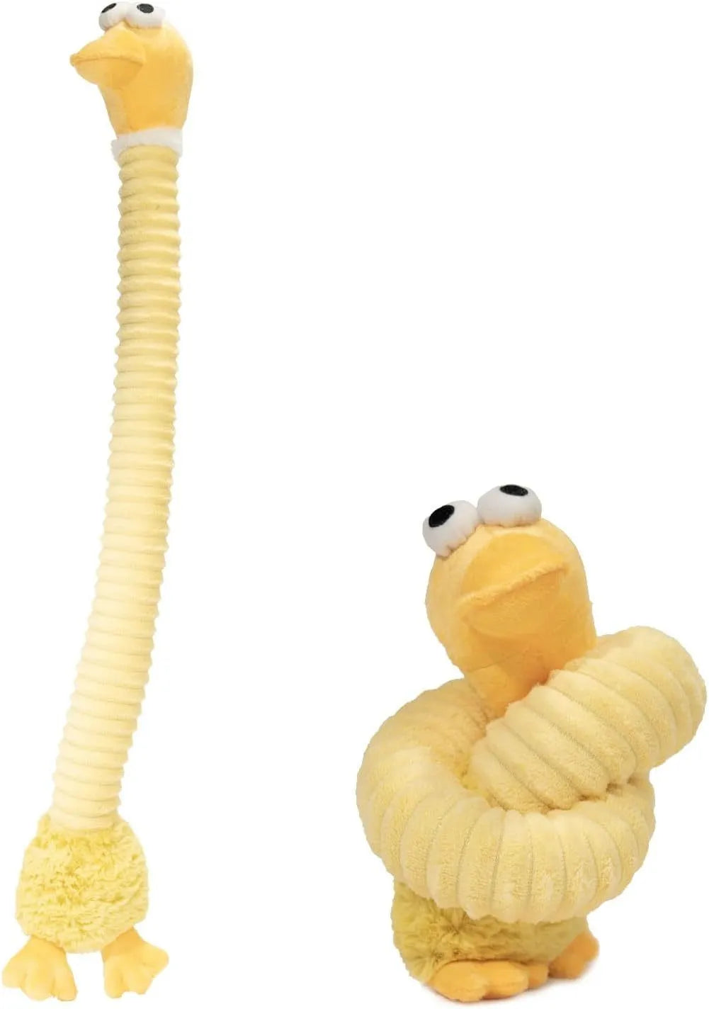 Foldable plush dog toy with squeaky and crinkle features in brown, grey and yellow colours