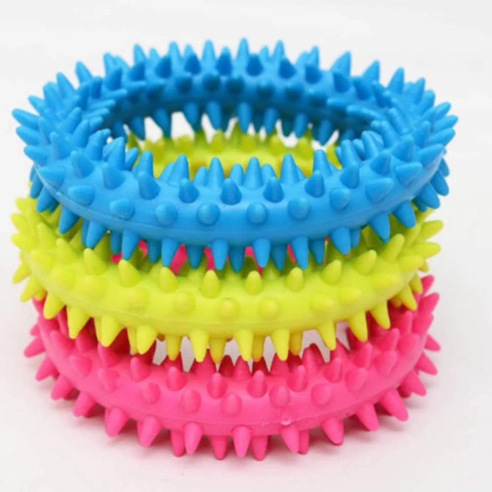 Blue TPR spiky ring dog chew toy for dental cleaning and bite training