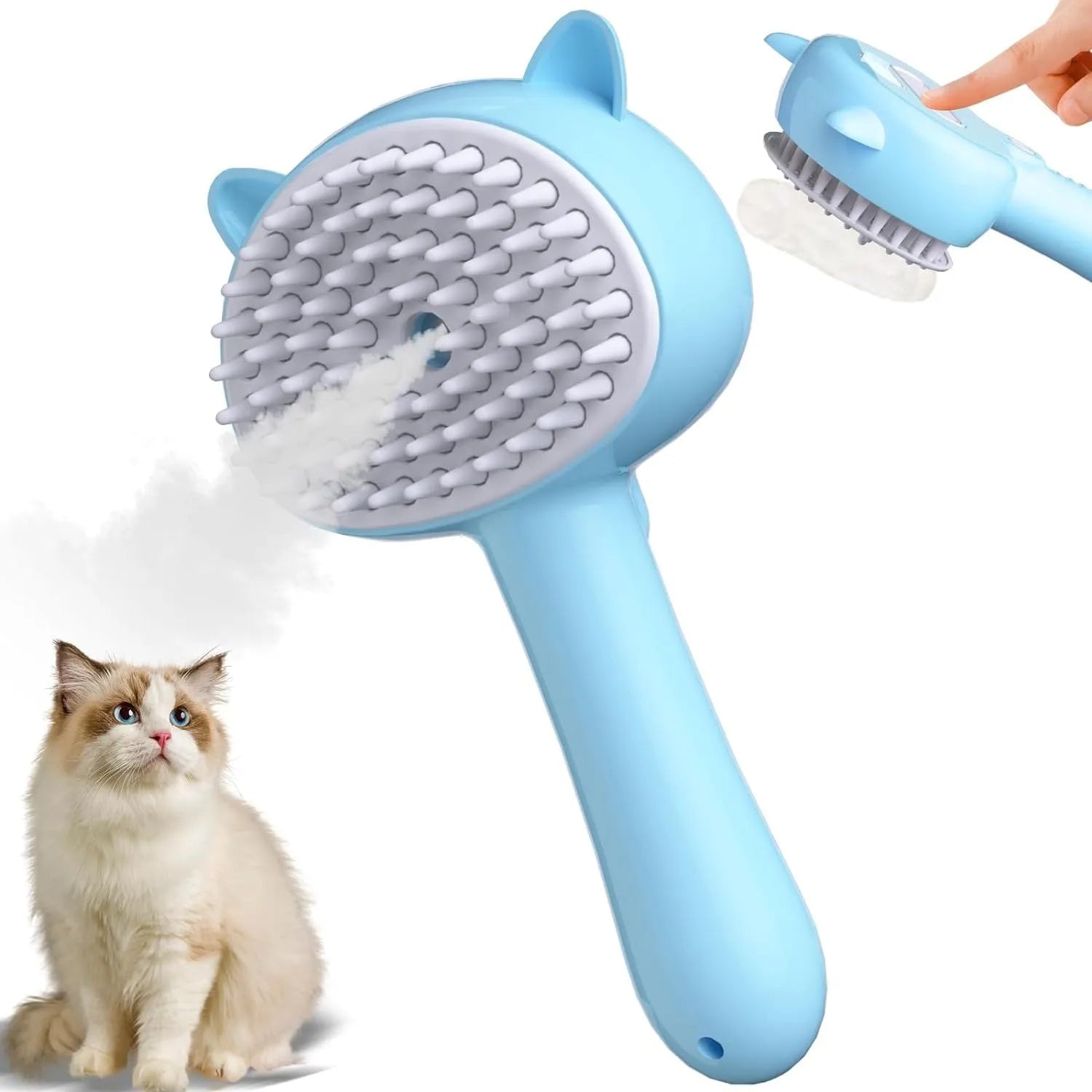 Cat ear-shaped steam brush with ergonomic handle and release button in blue, pink or yellow colour