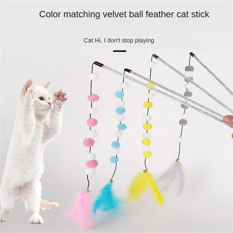Blue cat teaser stick toy with a bell and a grey pompon feather, shown at approximate 31cm length.