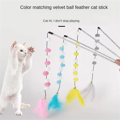 Blue cat teaser stick toy with a bell and a grey pompon feather, shown at approximate 31cm length.