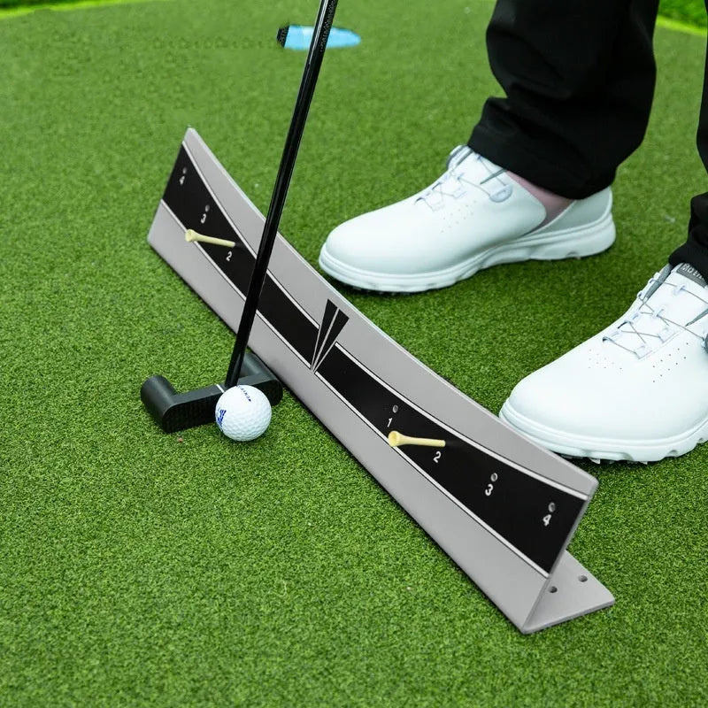 Adjustable golf putter trajectory balance simulator made from white PVC plastic.