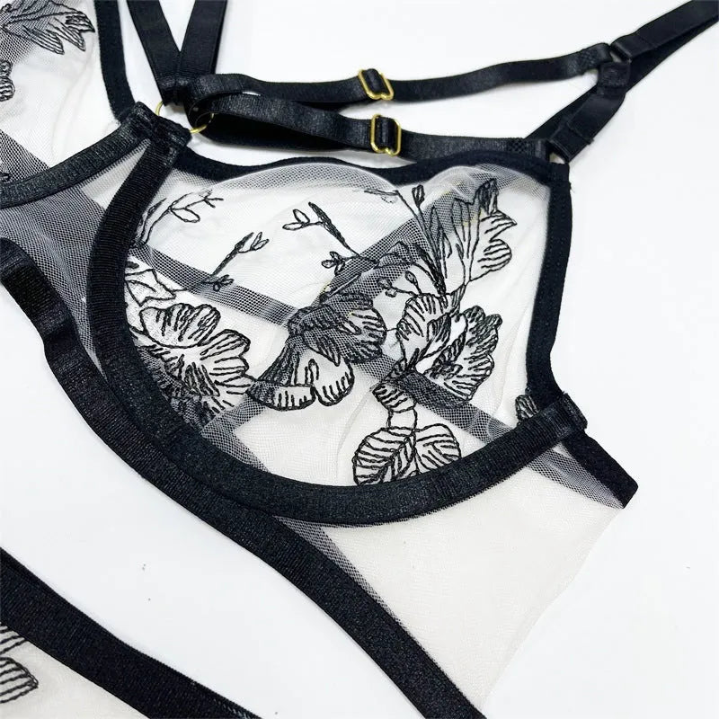 Black lace mesh floral print women's three-piece set with top, pants, and waist ring