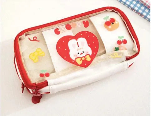 Transparent heart-shaped pen case with Korean-style rabbit motif, pink and red design options
