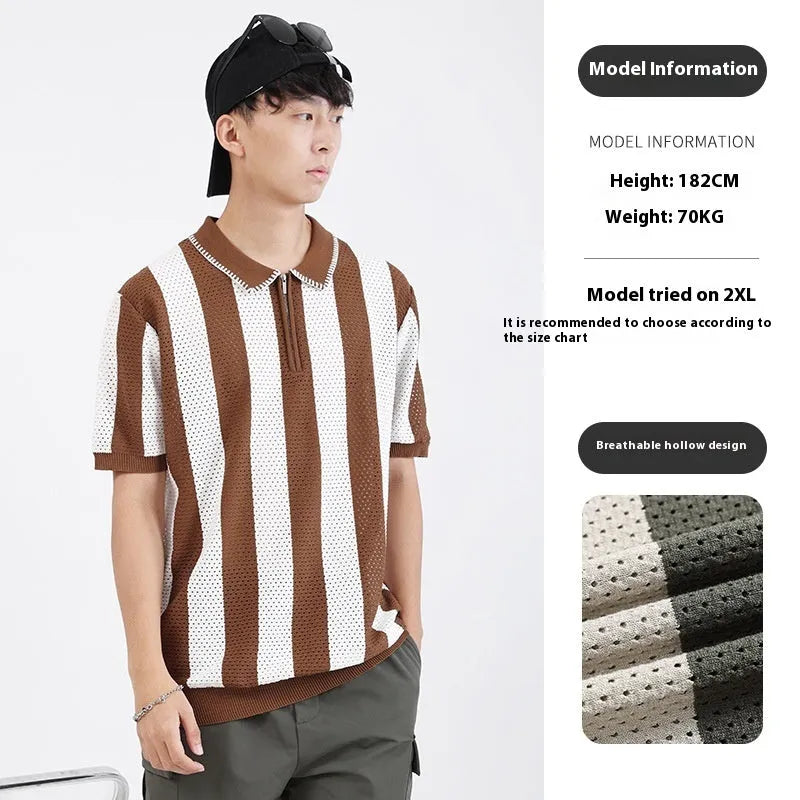 Men's black and white striped short sleeve summer sweater with zipper decoration detail