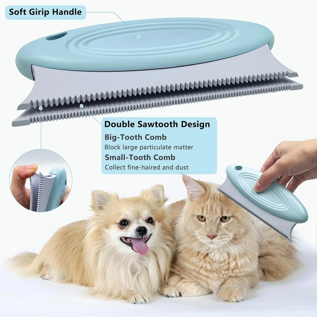 Three-piece pet hair remover set with metal scraper, silicone lint brush and round fuzz remover.