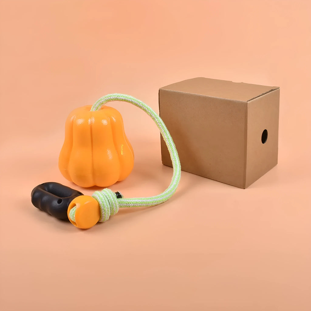 Orange plastic bite molar dog ball with rope attachment for outdoor fetch and chewing