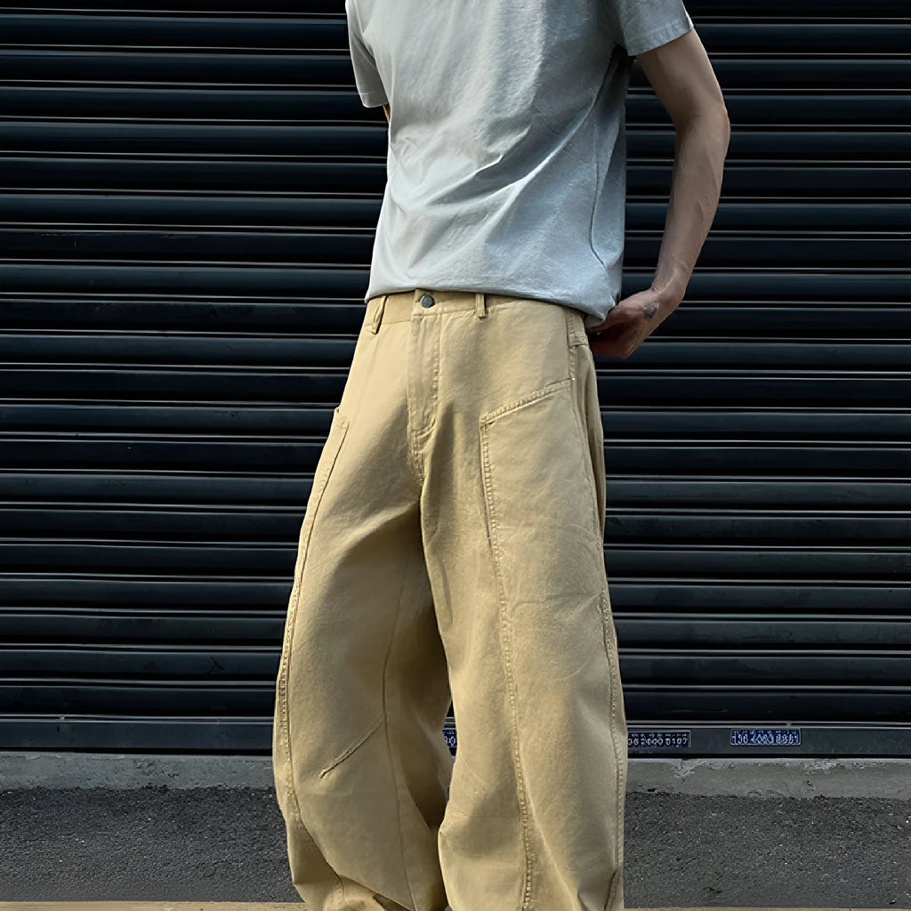 Men's khaki straight-leg cotton trousers with American retro styling