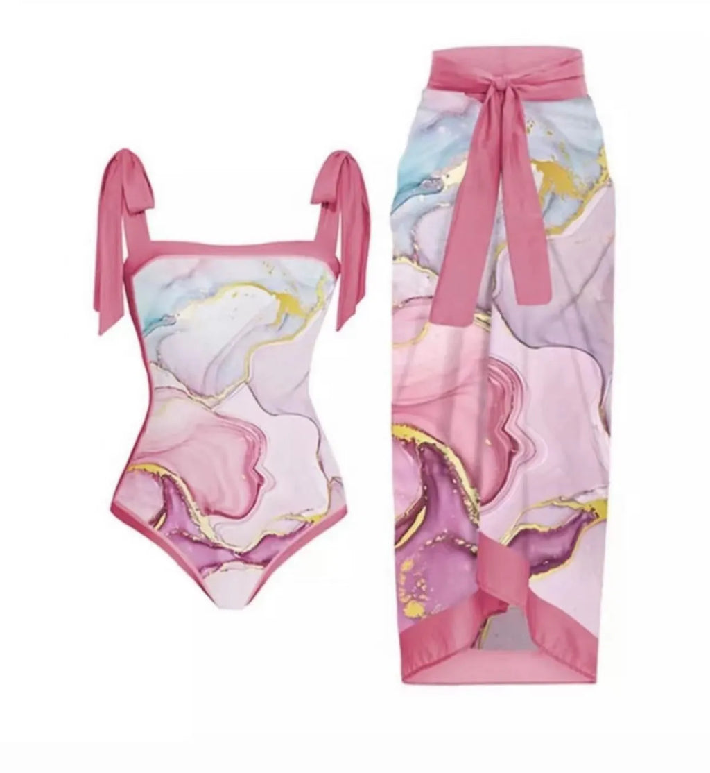Women's retro floral one-piece swimsuit with chiffon skirt in multiple colour patterns