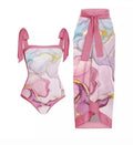 Women's retro floral one-piece swimsuit with chiffon skirt in multiple colour patterns
