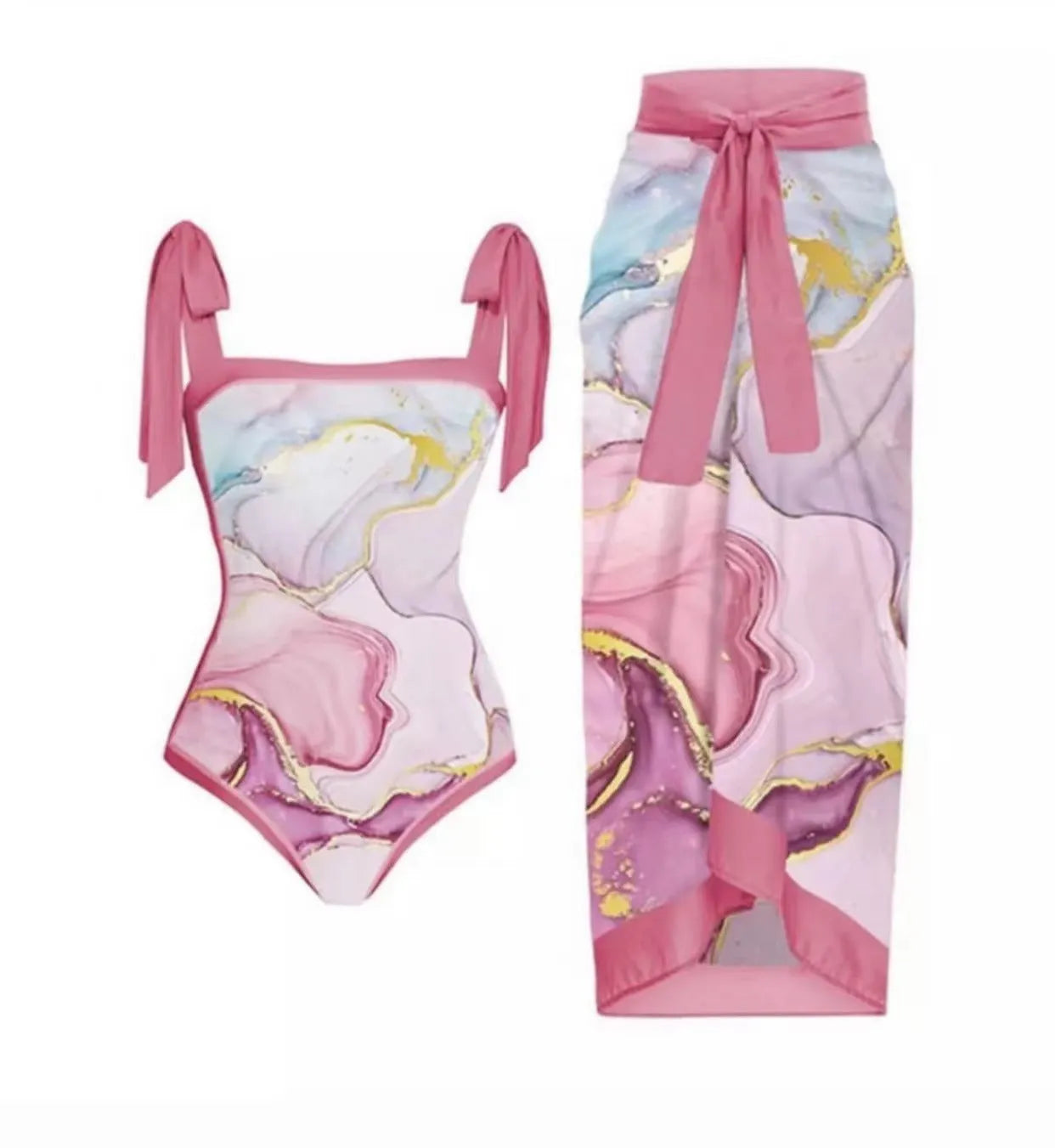 Women's retro floral one-piece swimsuit with chiffon skirt in multiple colour patterns