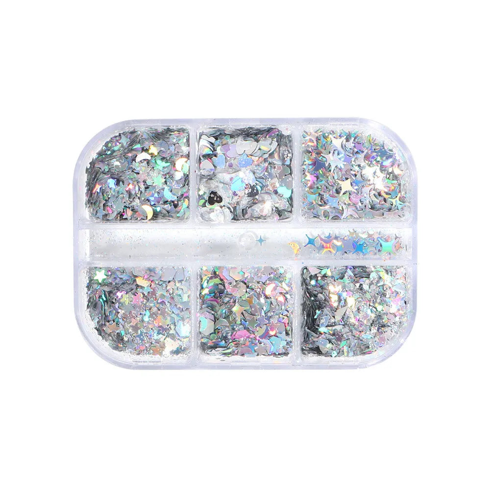 Gold and silver laser irregular nail glitter sequins in 8g box with six-grid compartments