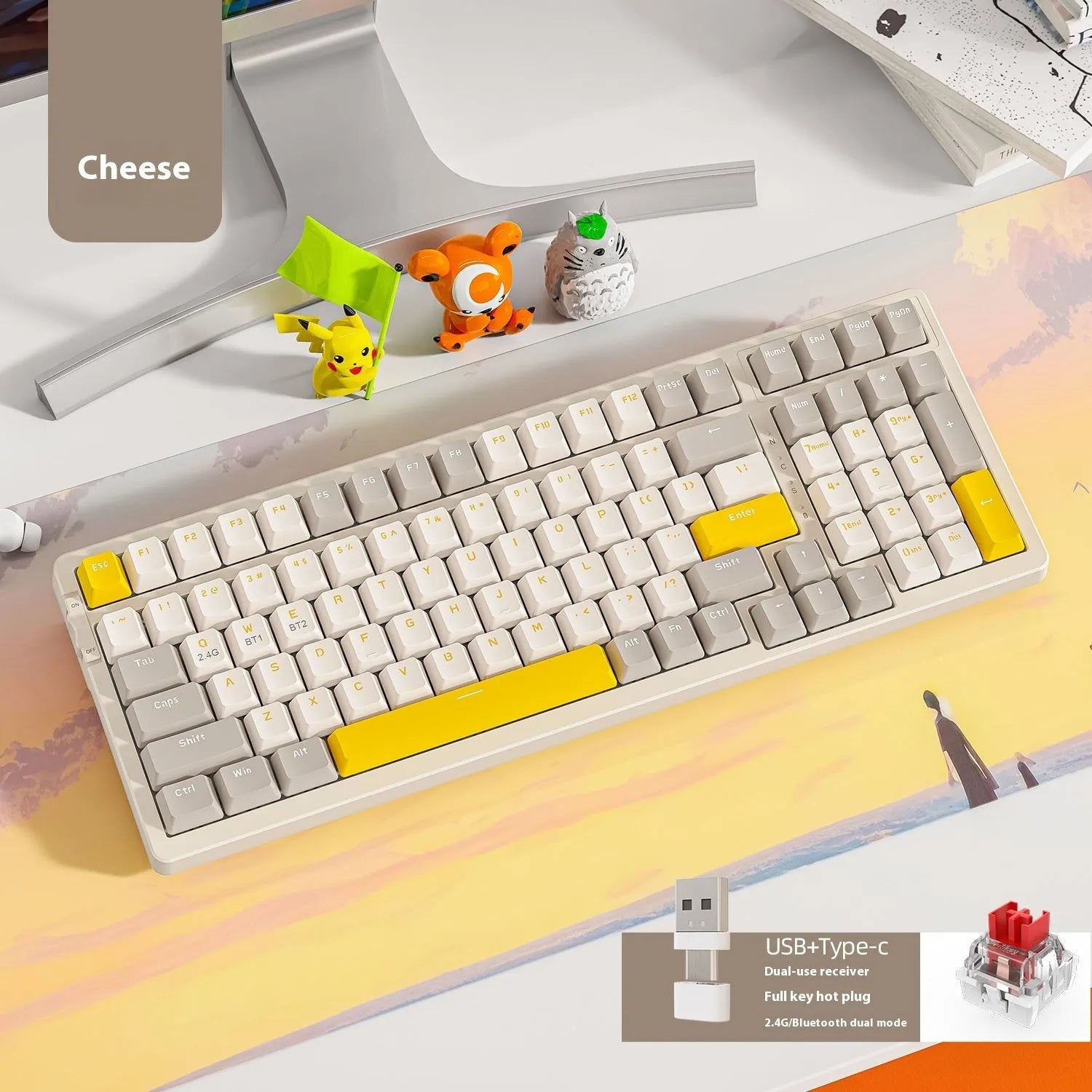 Free Wolf K96 Bluetooth dual-mode mechanical keyboard with red switches in blueberry, cheese, lemon, and shimmer colour options
