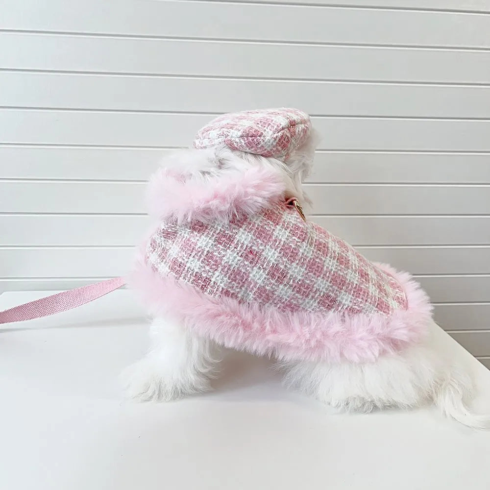 Pink polyester cat costume with beret and cape, adjustable with drawstring, available in XS S M L XL sizes