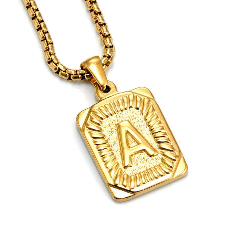 Gold-plated 18K titanium steel letter pendant necklace with pearl chain, gold colour, unisex design