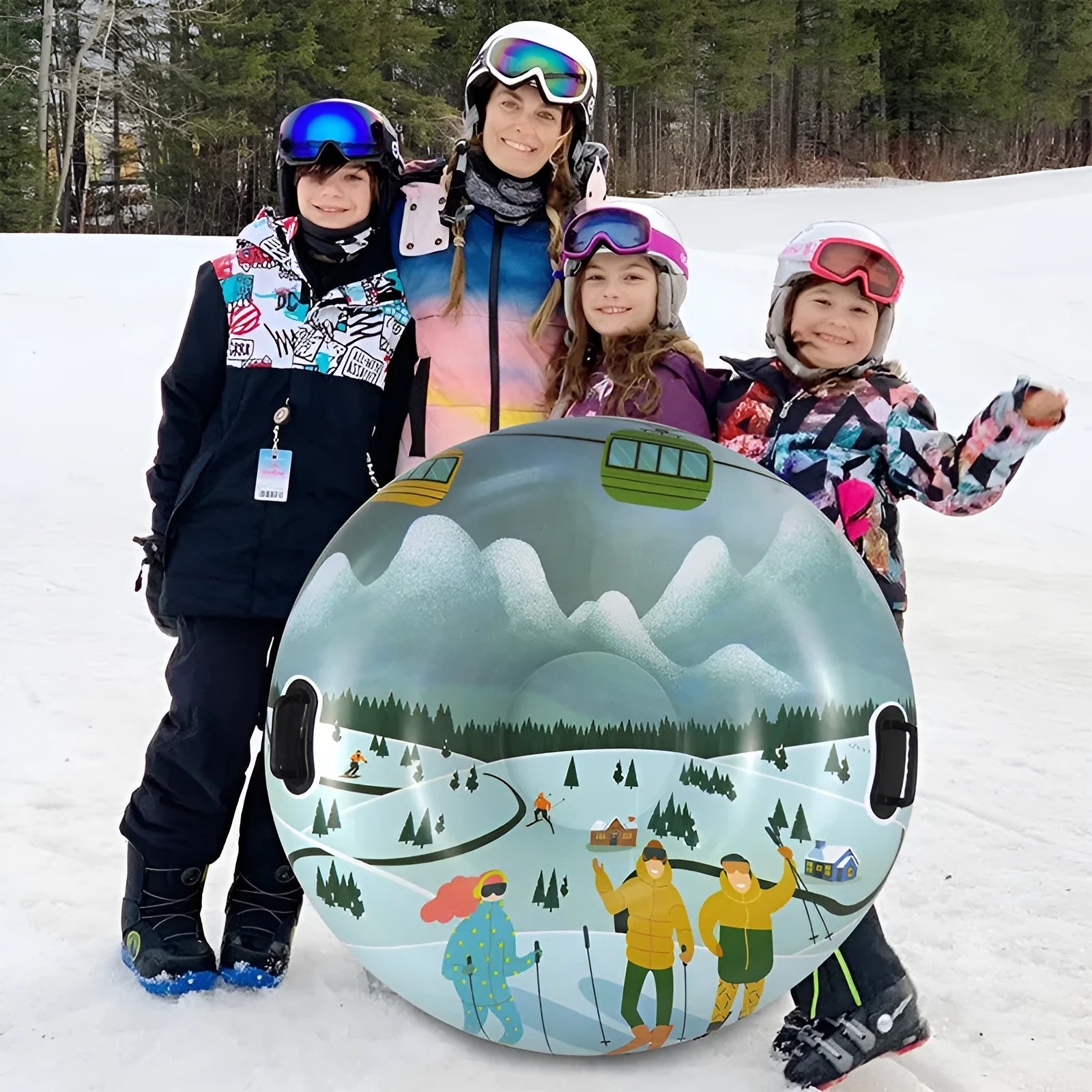 Outdoor PVC ski ring toy for snow play in flame red, ice-snow blue, or snow mountain design.