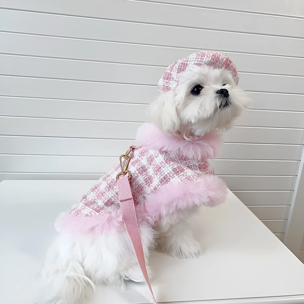 Pink polyester cat costume with beret and cape, adjustable with drawstring, available in XS S M L XL sizes