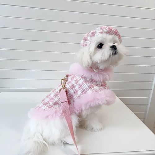 Pink polyester cat costume with beret and cape, adjustable with drawstring, available in XS S M L XL sizes