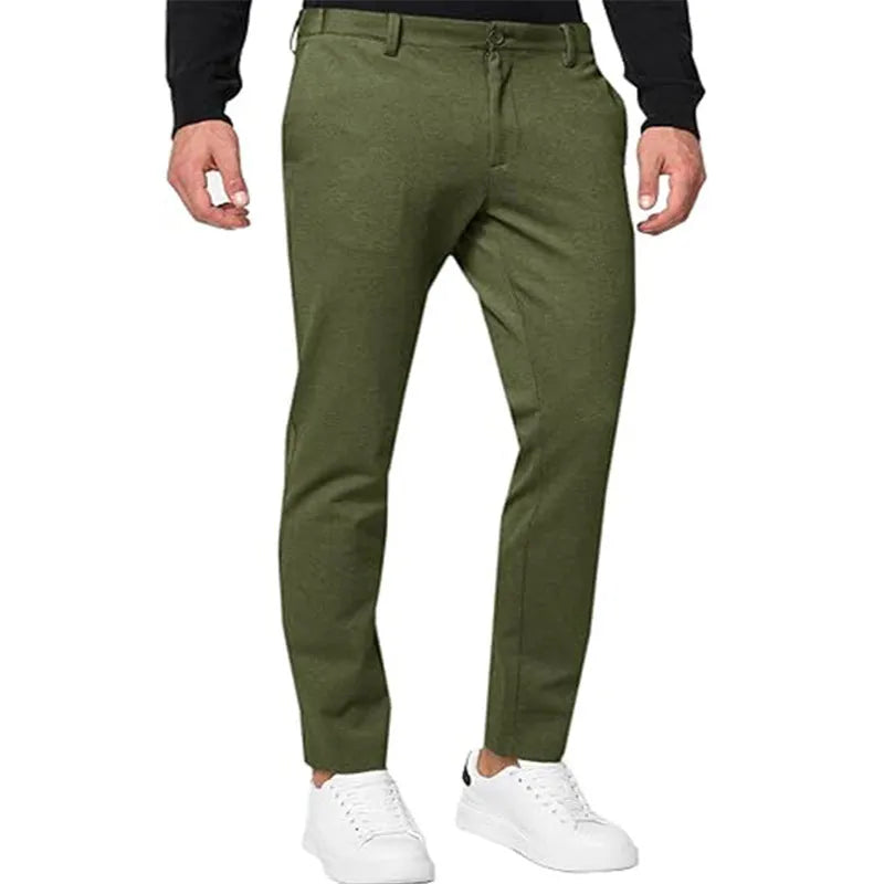Men's slim-fit tapered chino trousers in a stretch cotton blend fabric, shown in army green colour.