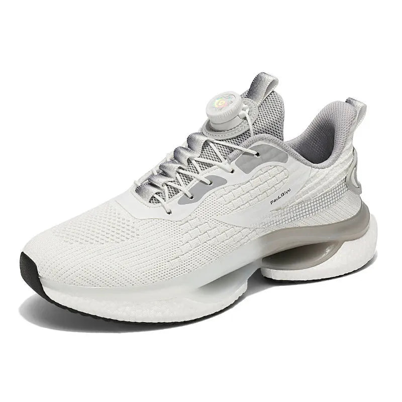 Men's white Korean-style running shoes with rotating button fastening and mesh upper
