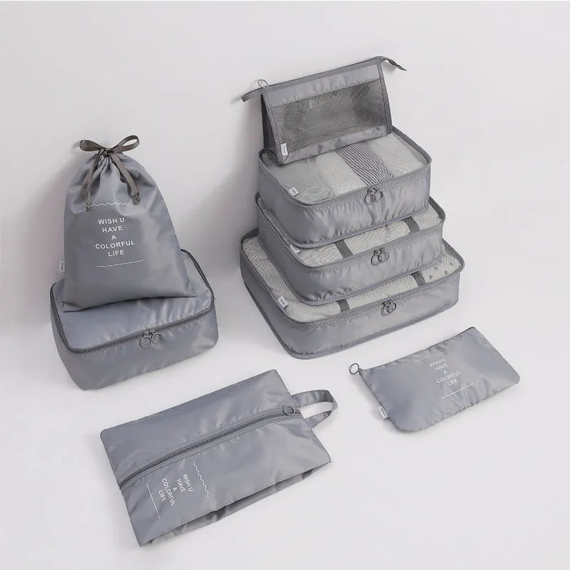 Eight-piece cube polyester storage bag set for travel with seal closure, available in multiple colours