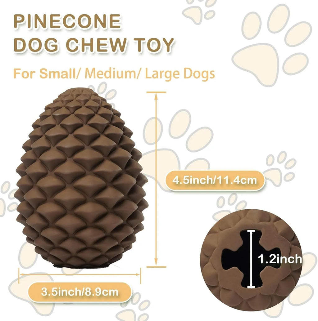 Yellow pine cone shaped natural rubber dog toy with treat dispenser for large breed dogs