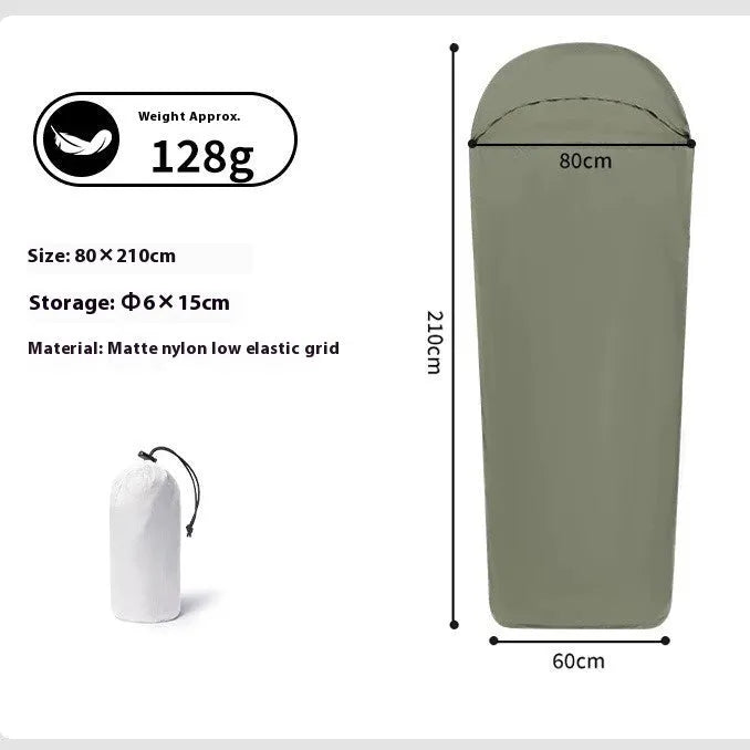 Blue adult mummy-style nylon camping sleeping bag laid out, showing its dimensions.