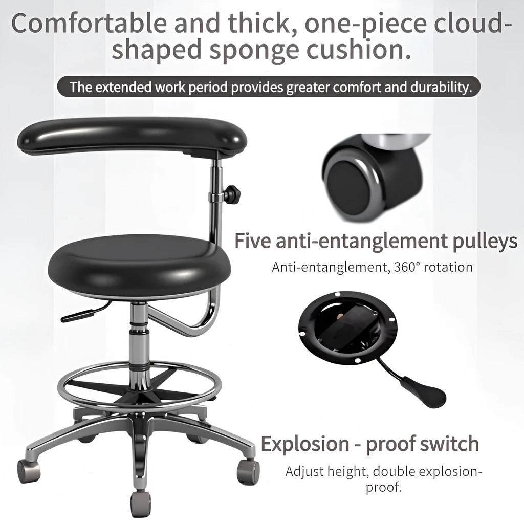 Black leather dentist and nurse chair with hydraulic lift base in a clinical setting.