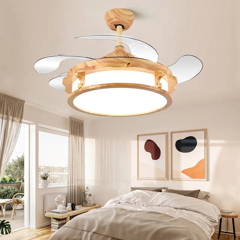 Japanese style invisible silent fan lamp with wood lampshade and ABS blades in beige colour for ceiling installation