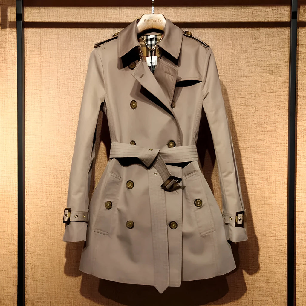 Khaki women's double-breasted trench coat with long sleeves and button fastenings.