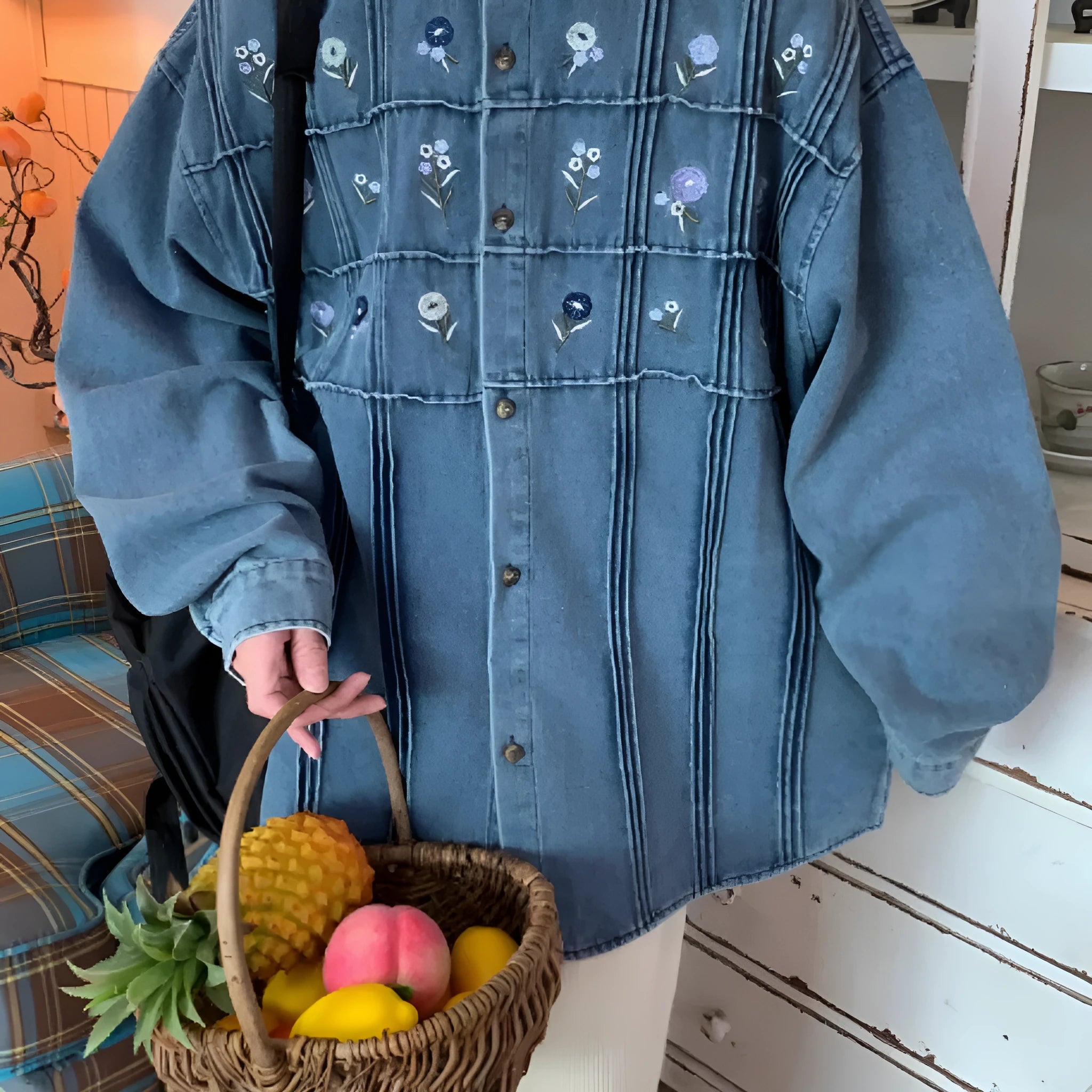 Vintage washed blue denim long-sleeved shirt with small floral pleated detail