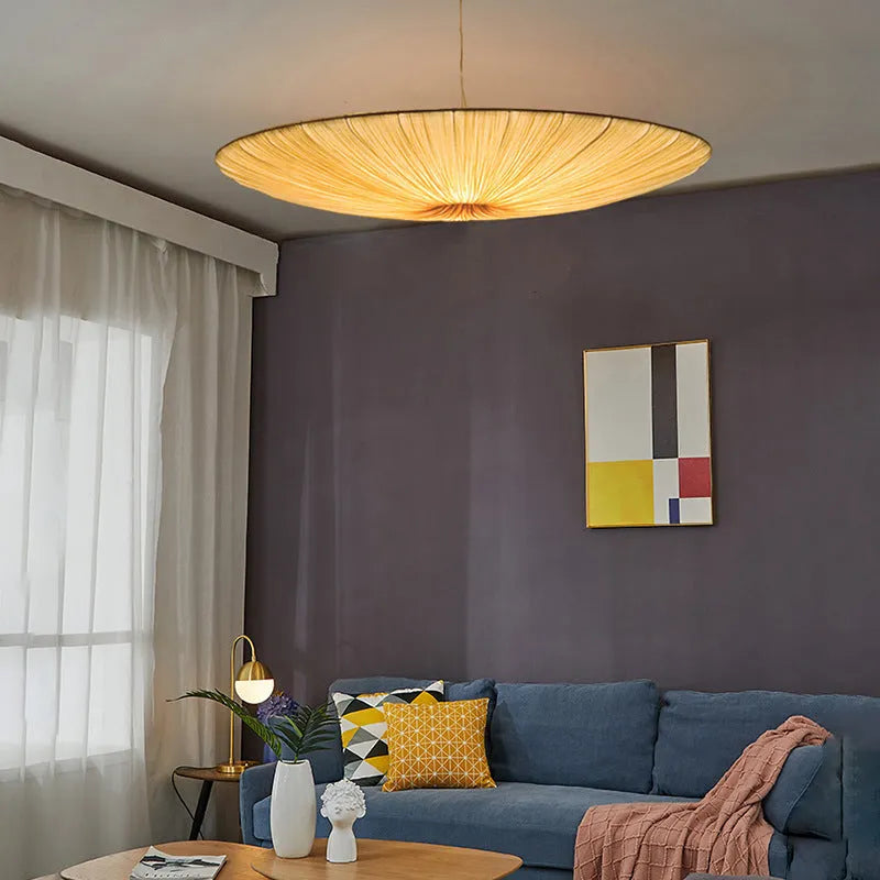 New Chinese minimalist bedroom chandelier with beige fabric shade, alloy frame, 50cm diameter option, Japanese style ceiling light