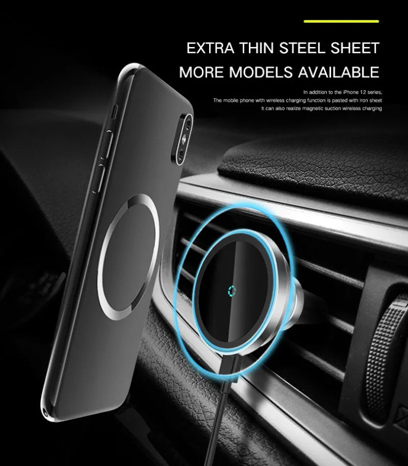 Silver 15W magnetic wireless charger with 360-degree rotating bracket for iPhone 12 series and Android phones