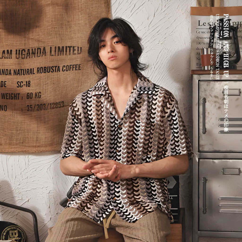 Grey Japanese style men's shirt with Cuban collar, jacquard texture, and short sleeves.